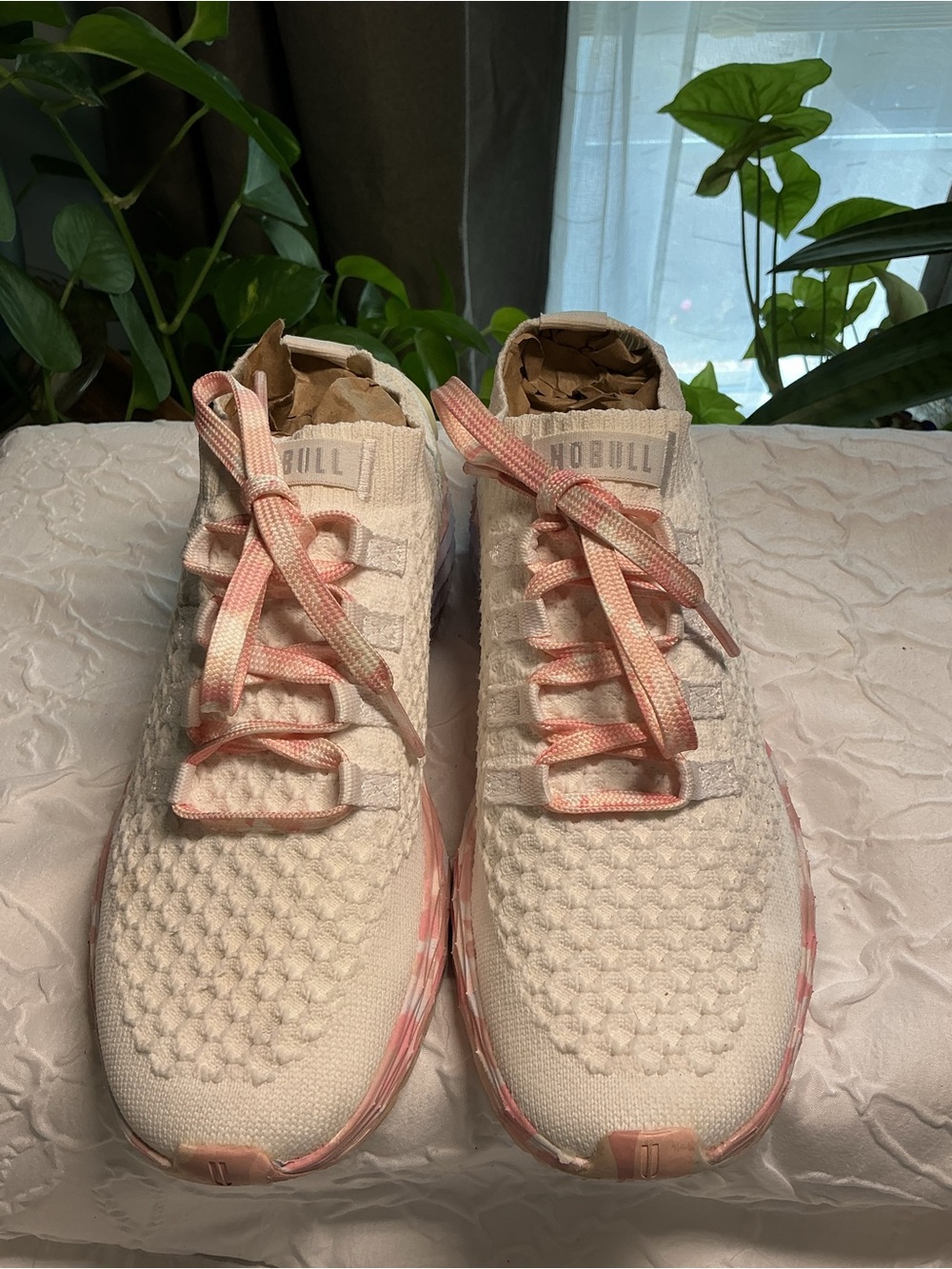 NOBULL Women's Cream Knit Sneakers with Pink Accents